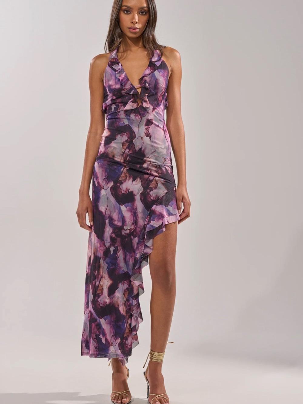 AKIRA Purple Watercolor Asymmetrical Ruffle Dress